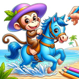 Monkey with Purple Hat Riding Blue Horse on White Sand Beach