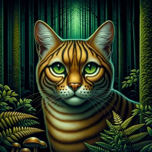 Golden Cat in Dark Forest Illustration - Enchanting Feline Artwork