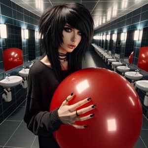 Unique Emo Style: Red Balloon in Public Restroom