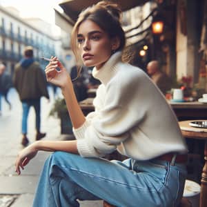 Urban Cafe Scene: Young Woman in Casual Attire