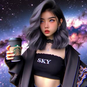 4K 3D Realistic Image of Stylish Girl 'Sky' with Black and Ash Gray Hair and Galaxy Theme Background