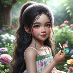 Young South Asian Girl in Flower Garden with Butterfly