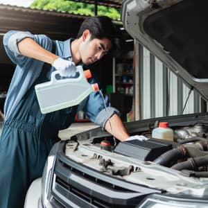 Professional Asian Mechanic Pouring Antifreeze in Car Engine