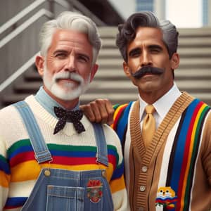 South African Man with Grey Hair and Colombian Man in 80s Style Clothing