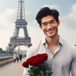 Charming Model with Roses at the Eiffel Tower