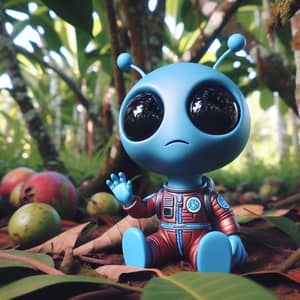 Blue Alien Under Fruit Tree on Tropical Island