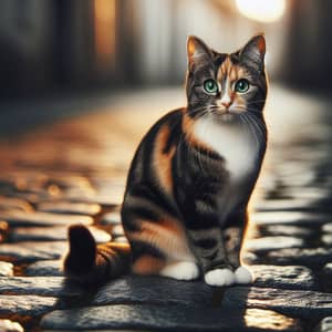 Calico Domestic Shorthaired Cat on Cobblestone Street