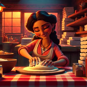 Hispanic Woman Working in Cozy Pizzeria | Traditional Animated Film Style