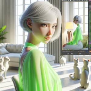 Elegant Caucasian Female 3D Animation Character in Green Attire