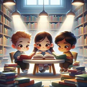 Three Children Reading in a Cozy Library - Animation