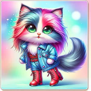 Colorful Long-Haired Cat in Stylish Outfit | Cartoon Illustration