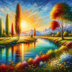 Impressionist Nature Landscape | Azure River & Majestic Mountains