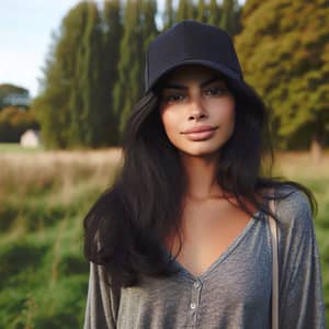 Hispanic Woman Wearing Baseball Cap in Field