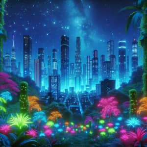 Glowing Skyscrapers in Neon Jungle at Night