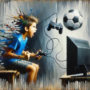 Frustrated Young Boy Playing Abstract Soccer Video Game