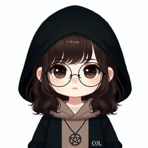 Dark Brown-Haired Girl in 'COL' Hooded Jacket | Pentacle Pendant