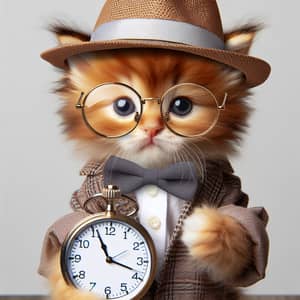 Cute Kitten in Glasses, Hat, Holding Watch - Adorable Feline!