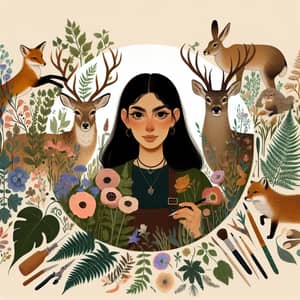 Middle-Eastern Female Artist Surrounded by Flora and Wildlife