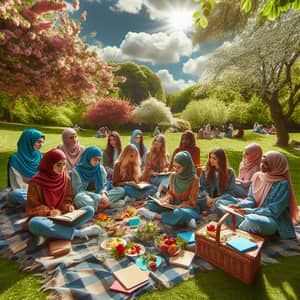 Diverse Group of Students Enjoying Picnic in Lush Garden