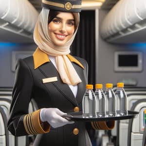 Professional Middle-Eastern Female Flight Attendant with Tray of Drinks