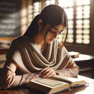 Young South Asian Female Student Reading Holy Quran