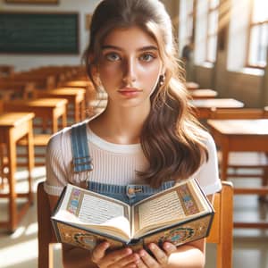 Middle-Eastern Teenage Girl Studying Holy Quran in High School Classroom