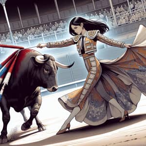Female Matador Engages Gracefully in Bullfighting Arena