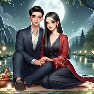 Romantic Moonlit Scene of Caucasian Man and Middle-Eastern Woman by River