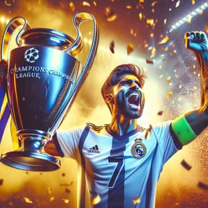 Triumphant Soccer Player with Champions League Trophy