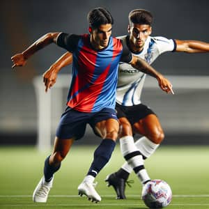 Professional Footballer Dribbling Past Opponent on Field