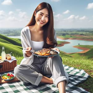 Serene Picnic Scene: South Asian Woman Enjoying Grilled Fish Outdoors