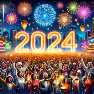 2024 New Year Celebration with Diverse Crowd and Fireworks Display