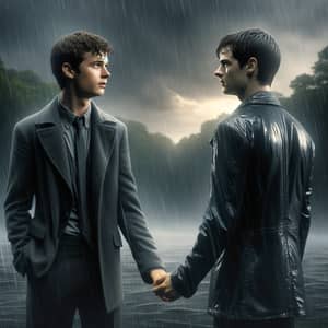 Maze-Themed Actor in Suit with Friend in Rainy Scene