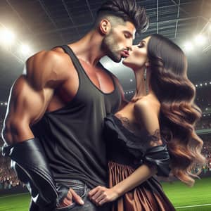 Emotional Soccer Player Kissed by Woman in Stylish Outfit at Stadium