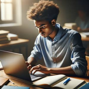 Young Ethiopian Male Student Studying Intensely at Wooden Desk