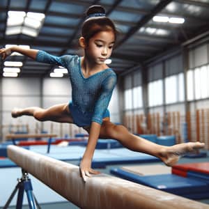 Young Asian Girl Gymnastics Routine on Balance Beam