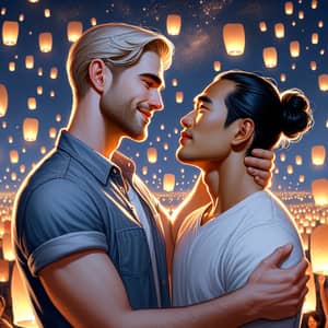 Heartfelt Portrait of Loving Couple Surrounded by Sky Lanterns