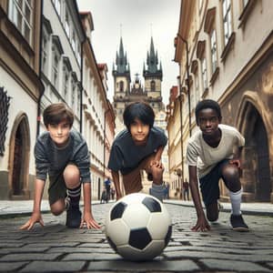 Diverse Boys Playing Soccer in Prague | Iconic Castle View