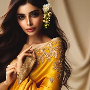 Elegant Indian Woman in Vibrant Yellow Saree