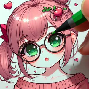 Green-Eyed Girl with Glasses and Heart-Shaped Hairpin