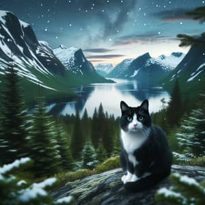 Tuxedo Cat in Nordic Landscape | Serene Fjord View