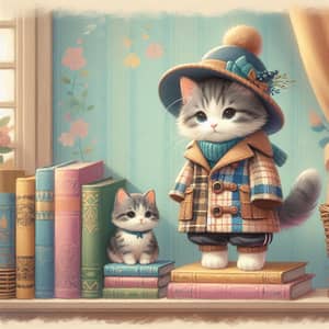 Whimsical Cat Illustration on Cozy Bookshelf