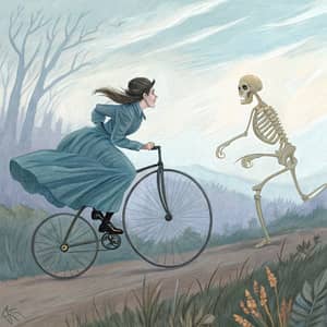 Victorian Woman on Penny Farthing - Chased by Skeleton