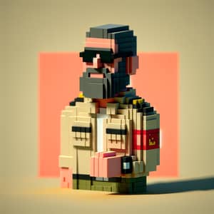 Minimalist Voxel Art: Bearded Man in Army Uniform