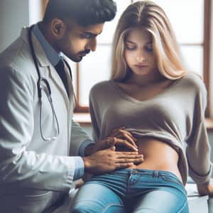 Male Doctor Examining Abdomen of Young Blonde Woman