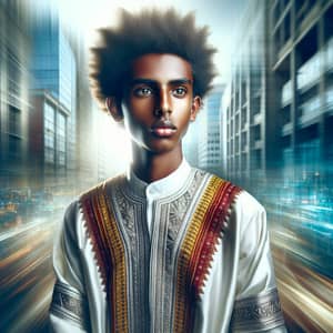 Afro-Ethiopian Boy in Traditional Attire Against Urban Backdrop