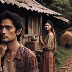 Longing Man Watches Woman Walking to Rural Village