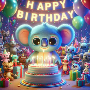 Happy Birthday Scene with Blue Koala-like Extraterrestrial Creature