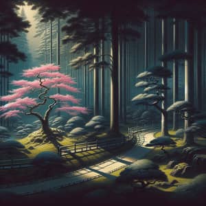 Tranquil Japanese Forest Landscape with Sakura Tree