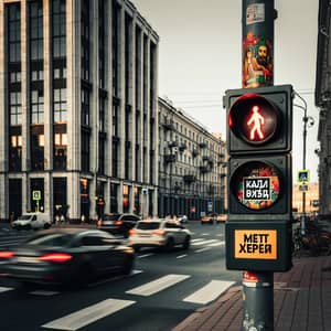 Urban Scene in City Center with Traffic Light and 'Wait' Button